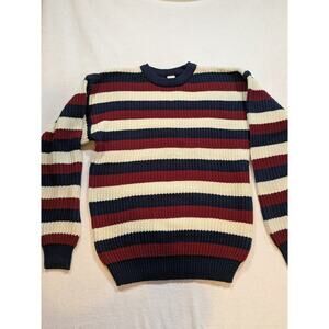 Mens Striped Sweater XL 18-20 Acrylic Navy Red Cream Crew Neck Long Sleeve